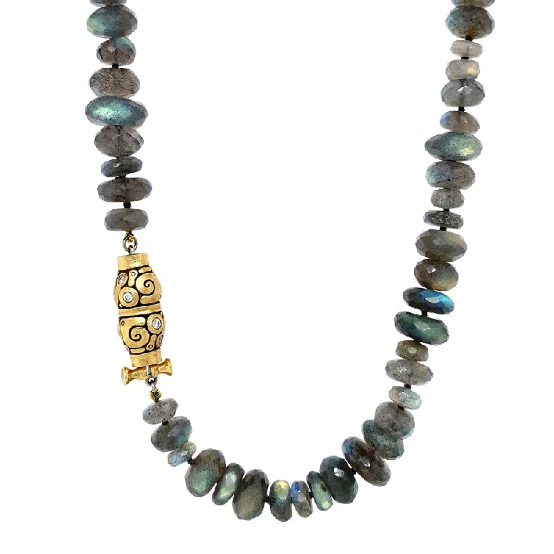 women circular necklaces -Labradorite Beaded Necklace & Diamond Clasp- "Seashell"