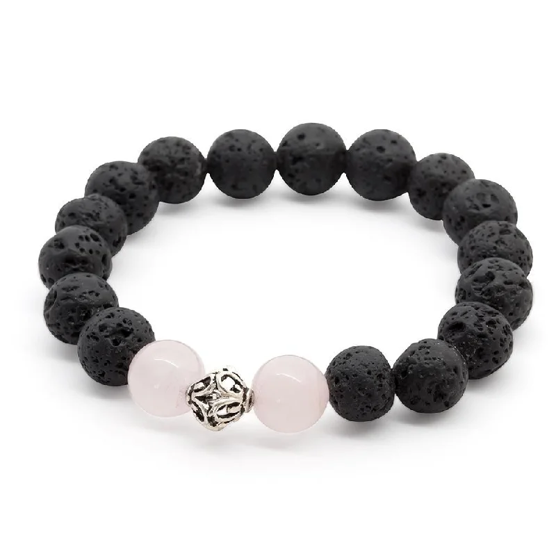 women smooth bangles -Lava Rock/Rose Quartz Stretch Bracelet with 925 Sterling Silver Bead