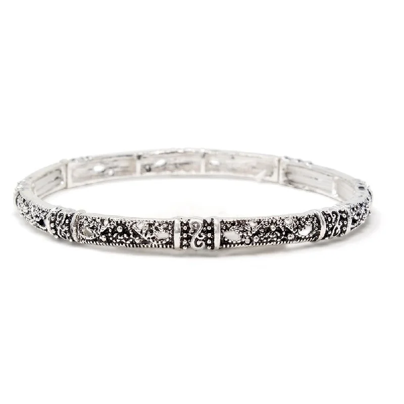 women trendy bracelets -Vintage Antique Design Stretch Bracelet Silver Tone