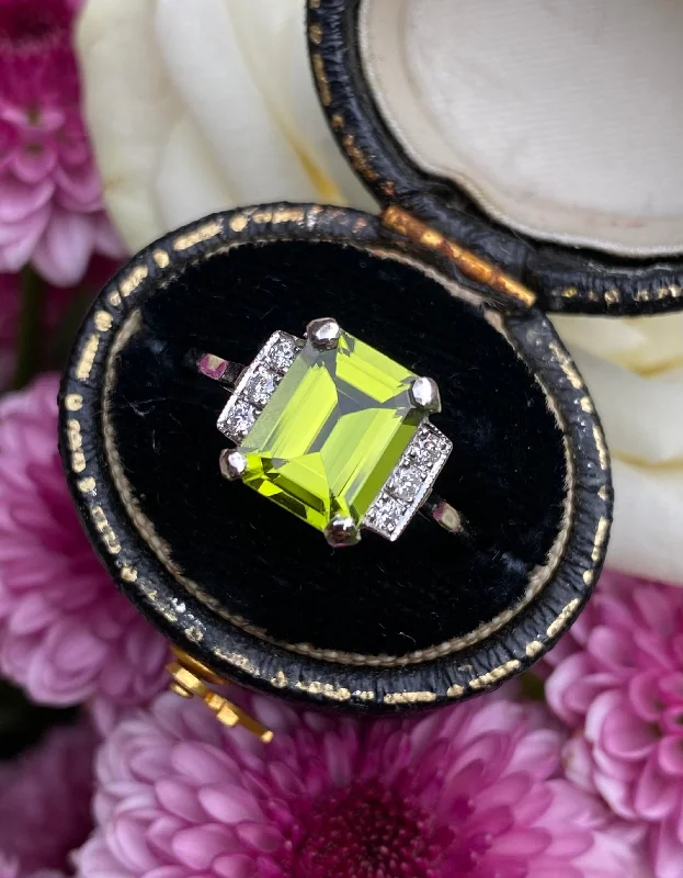 women minimalist rings -Art Deco Peridot and Diamond Platinum Ring 0.12ct + 2.10ct