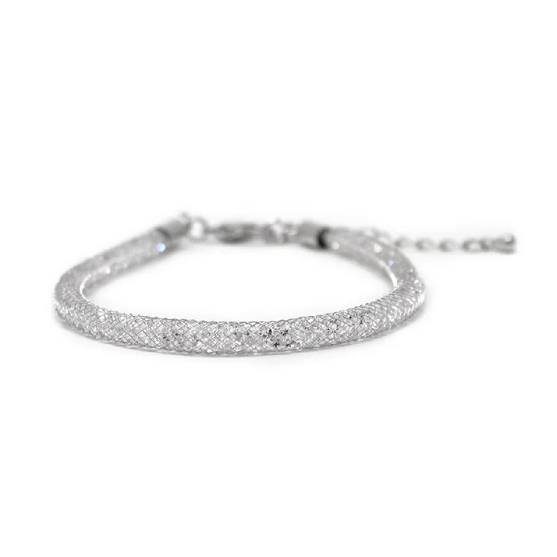 women heart-shaped bracelets -Mesh Clear Crystal Bracelet Rhodium Plated