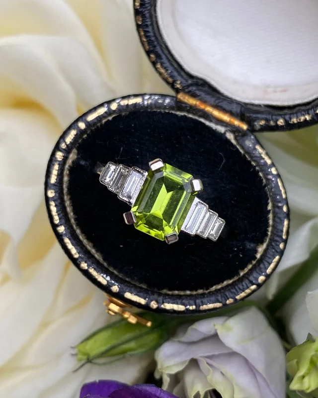 women cushion cut rings -Art Deco Peridot and Diamond Ring Platinum 0.35ct + 1.70ct