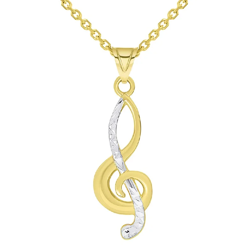 women colorful gemstone necklaces -14k Yellow Gold Textured G Clef Charm Two Tone Musical Note Pendant Necklace Available with Rolo, Curb, or Figaro Chain