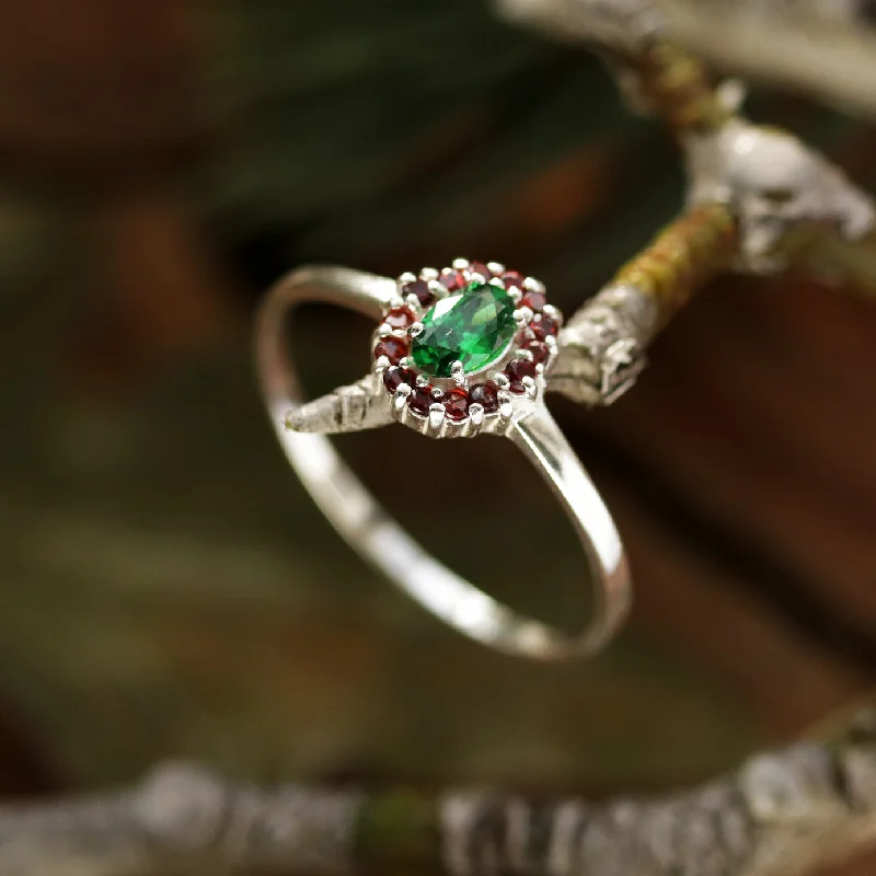 women oval diamond rings -Rosmerta Silver and Green Cubic Zirconia Boho Ring