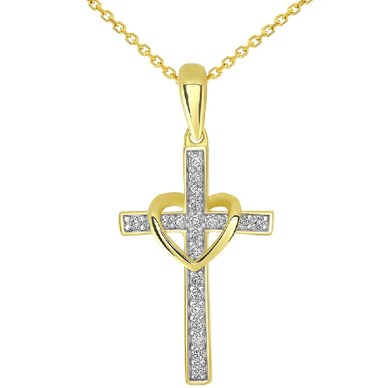 women pendant choker necklaces -14k Yellow Gold Cubic Zirconia Studded Heart Cross Pendant Necklace