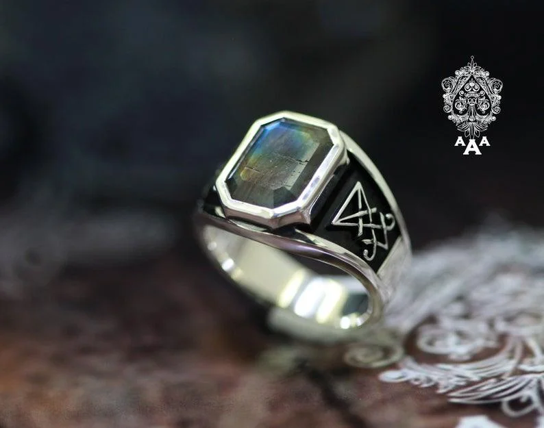 women statement rings -Sigil of Lucifer Ring w/ Labradorite Sterling Silver 925