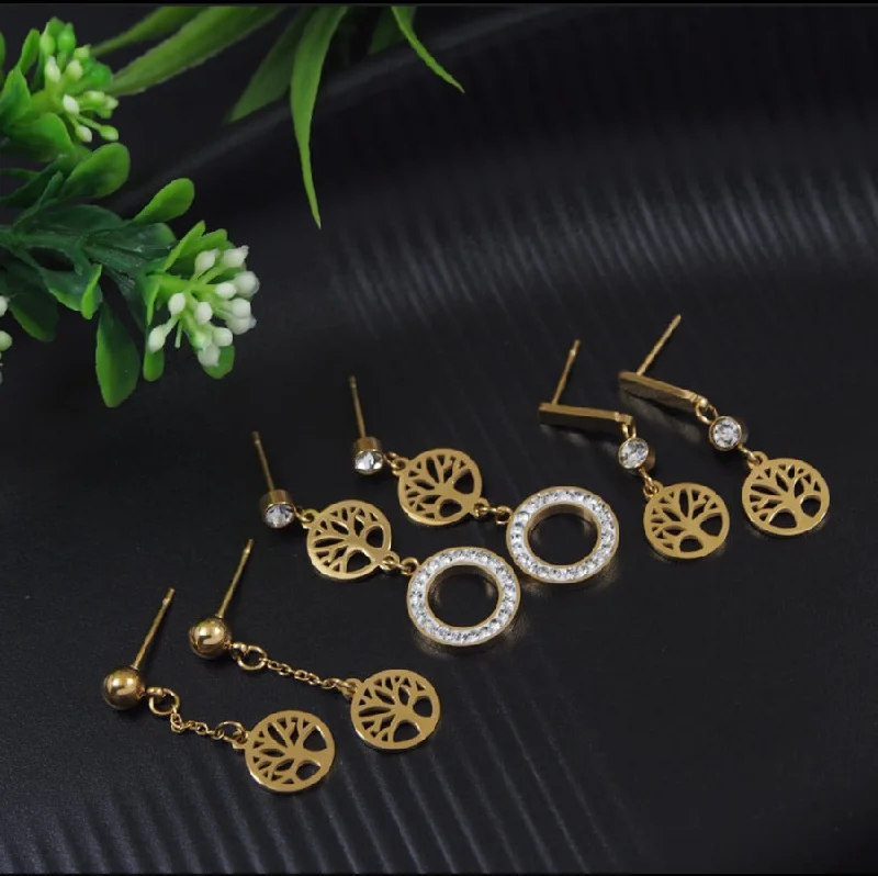 women sapphire earrings -Tarohi JewelsStainless Steel Gold/Rosegold Plated Three Pair Floral Dangle Earring- STNER 4112