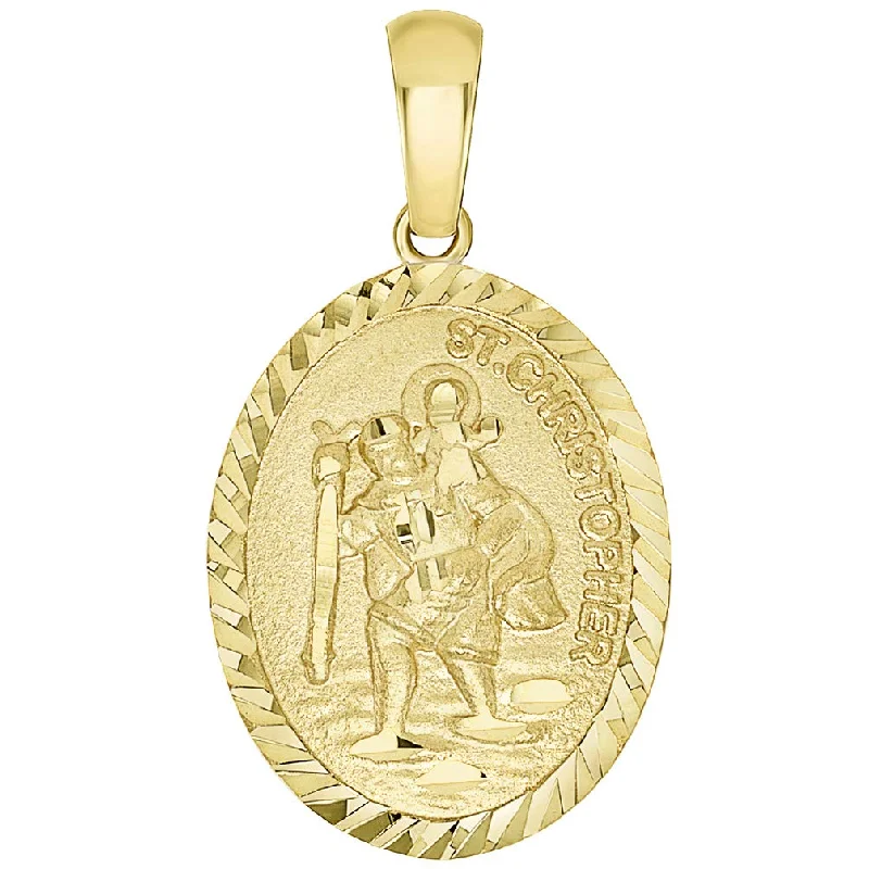 women double chain necklaces -14k Yellow Gold Textured Oval Medal of Saint Christopher Pendant