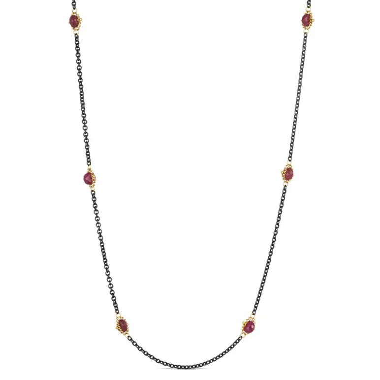 women layered gold necklaces -Faceted Ruby Silver & Gold Station Necklace - "Islands of Ruby"