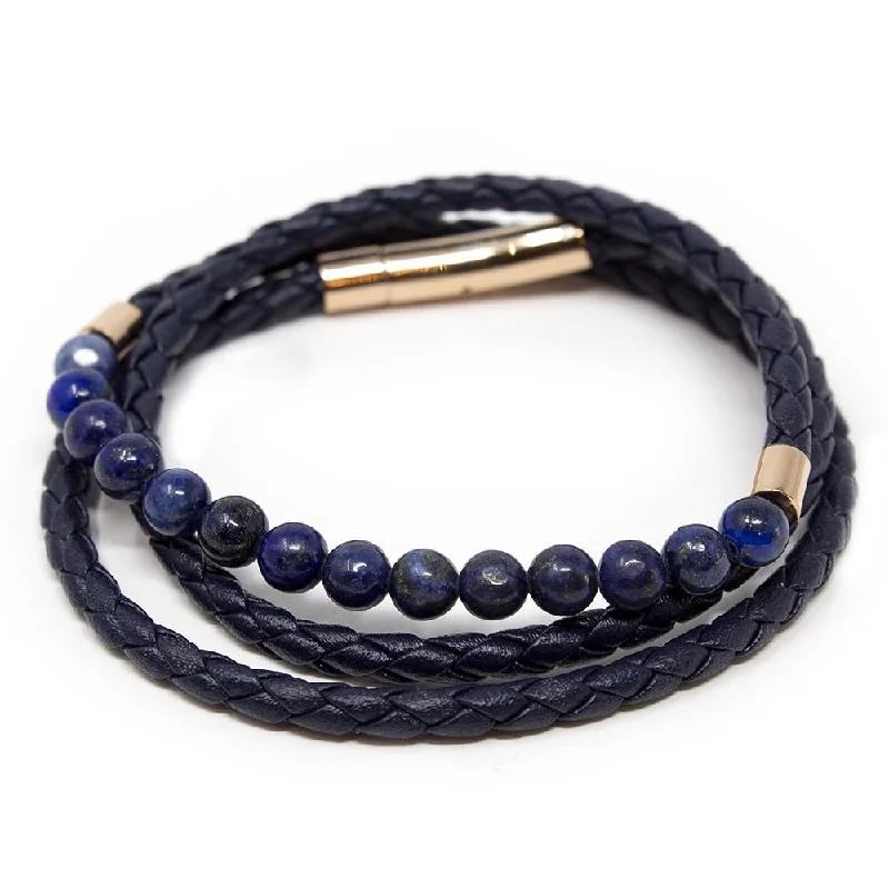 women stacking bracelets -Stainless Steel Double Wrap Lapis Beads Men's Bracelet Blue