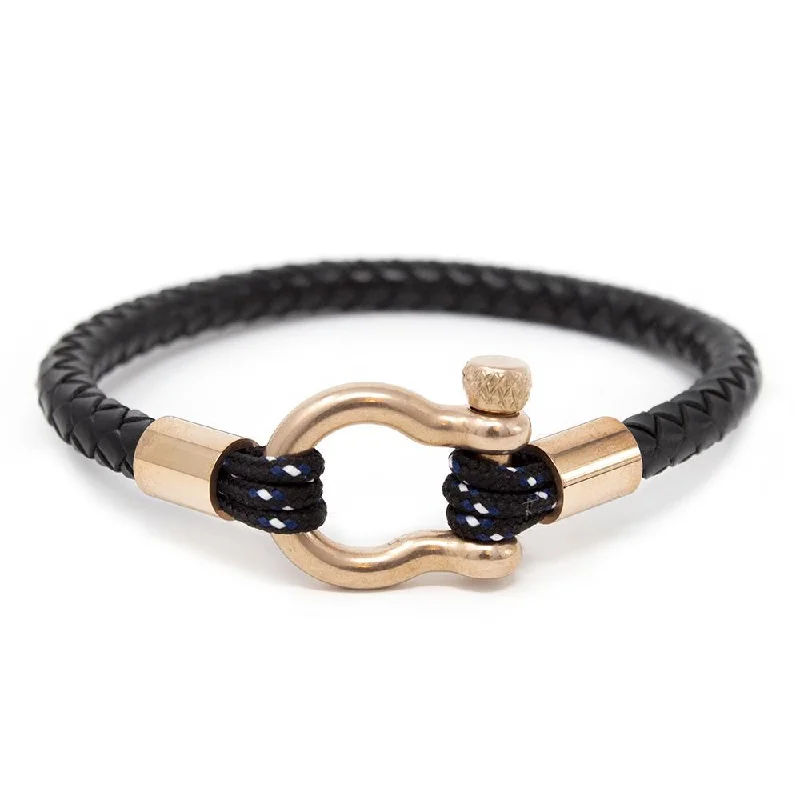 women silver bangles sets -Men's Braided Leather Bracelet with Rose Gold T Shackle Black Medium