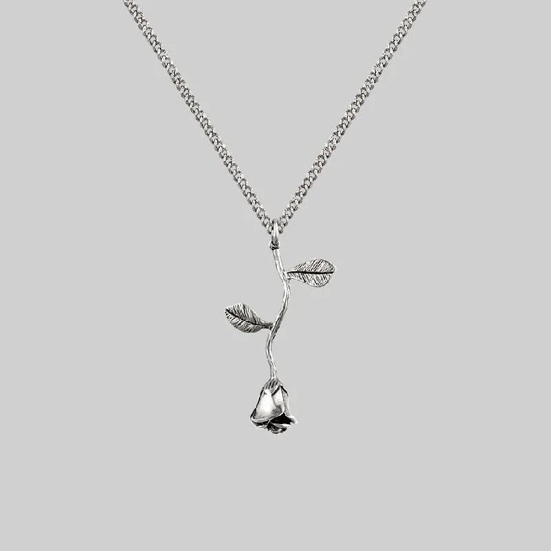 women pearl pendant necklaces -BELLADONNA. Rose Stem Charm Necklace - Silver