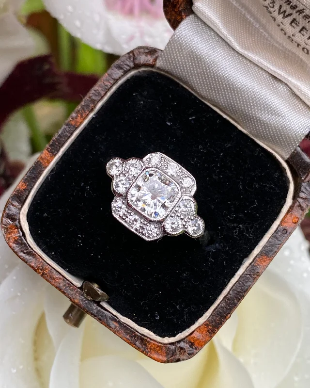 women anniversary diamond rings -Art Deco Diamond Cluster Platinum Ring 1.01ct + 0.55ct