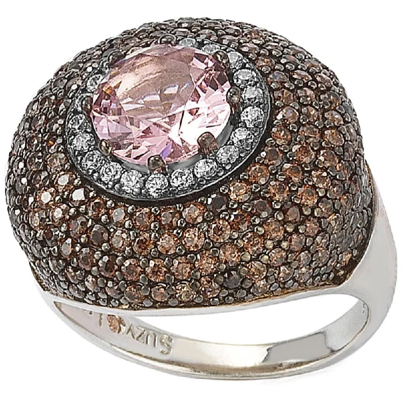 cushion diamond engagement rings -Suzy Levian Sterling Silver Pink and Brown Cubic Zirconia Halo Pave Ring