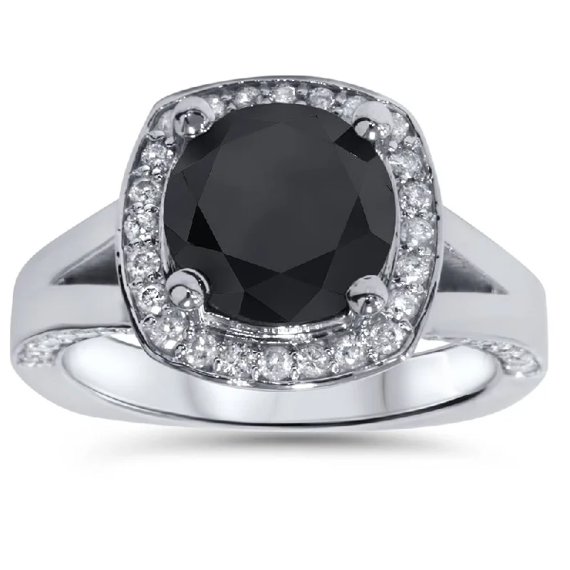 diamond halo engagement rings -3 5/8 Ct Black Diamond Halo Split Shank Engagement Ring 14K White Gold