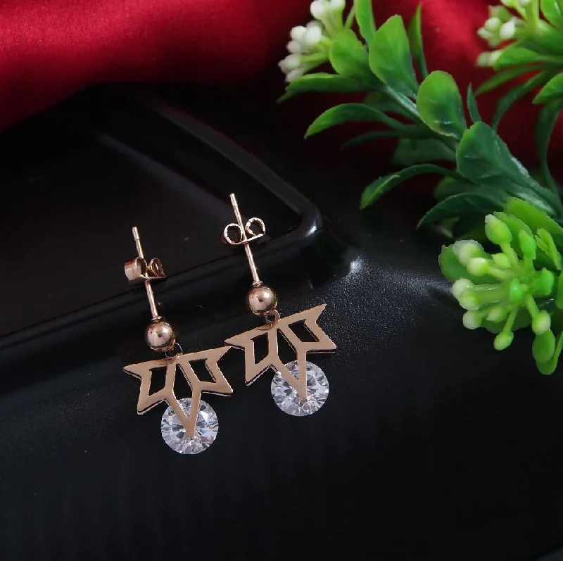 women rainbow earrings -Tarohi Jewels Stainless Steel Rosegold Plated Leaf Designed CZ Drop Earring-STNER 2868