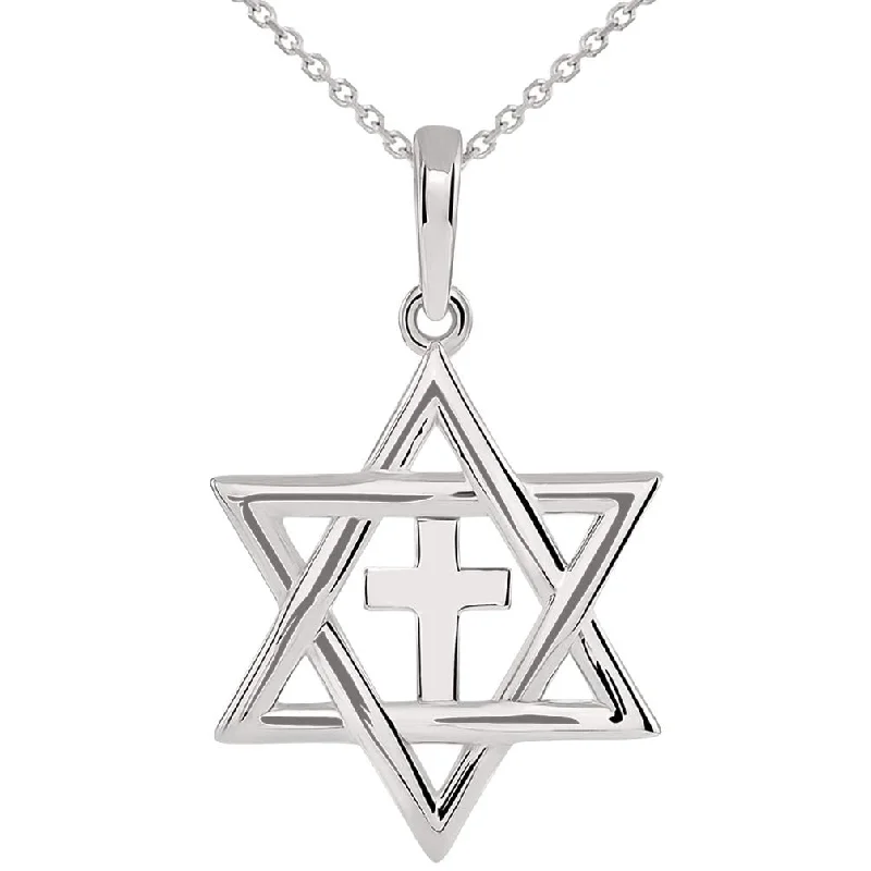 women chic necklaces -14k White Gold Jewish Star of David with Religious Judeo Christian Cross  Pendant Necklace