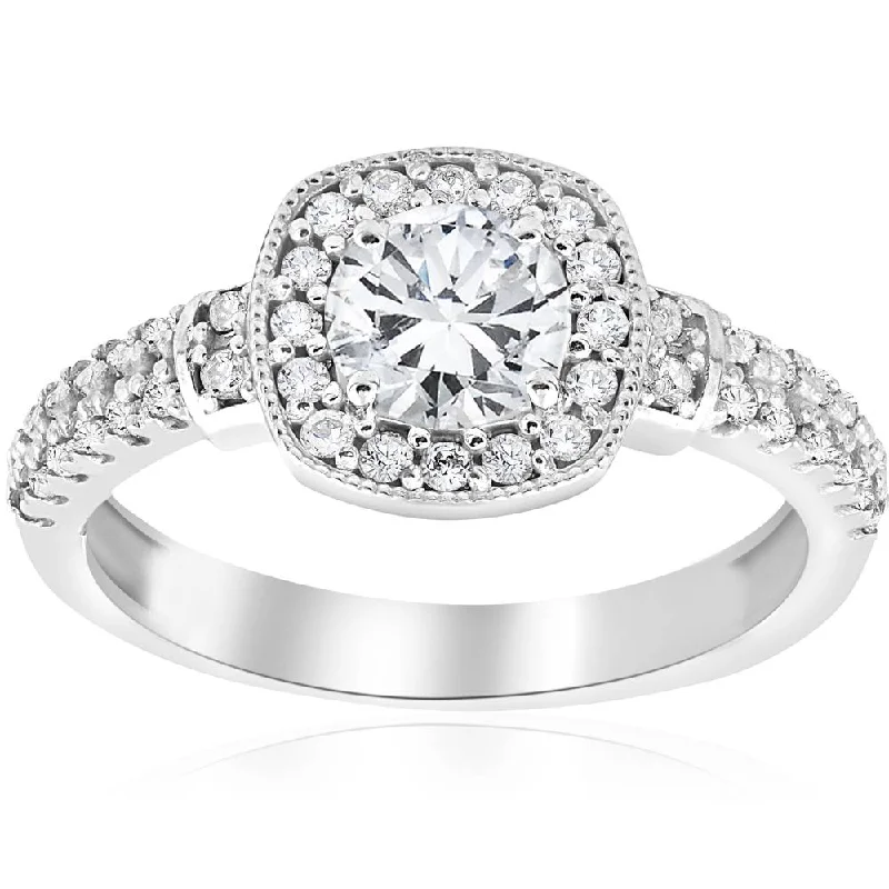 halo diamond engagement rings -1ct Diamond Pave Cushion Halo Vintage Engagement Ring 14K White Gold