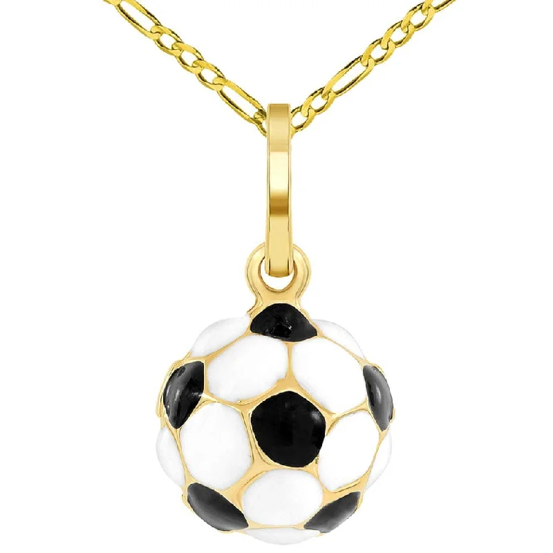 women short necklaces -14k Yellow Gold Black and White Enameled 3D Classic Soccer Ball Charm Pendant with Figaro Chain Necklace