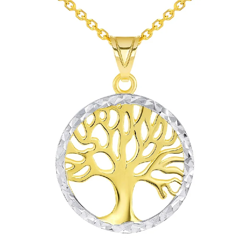 women art nouveau necklaces -14k Gold Textured Round Two Tone Tree of Life Medal Pendant Necklace - Yellow Gold