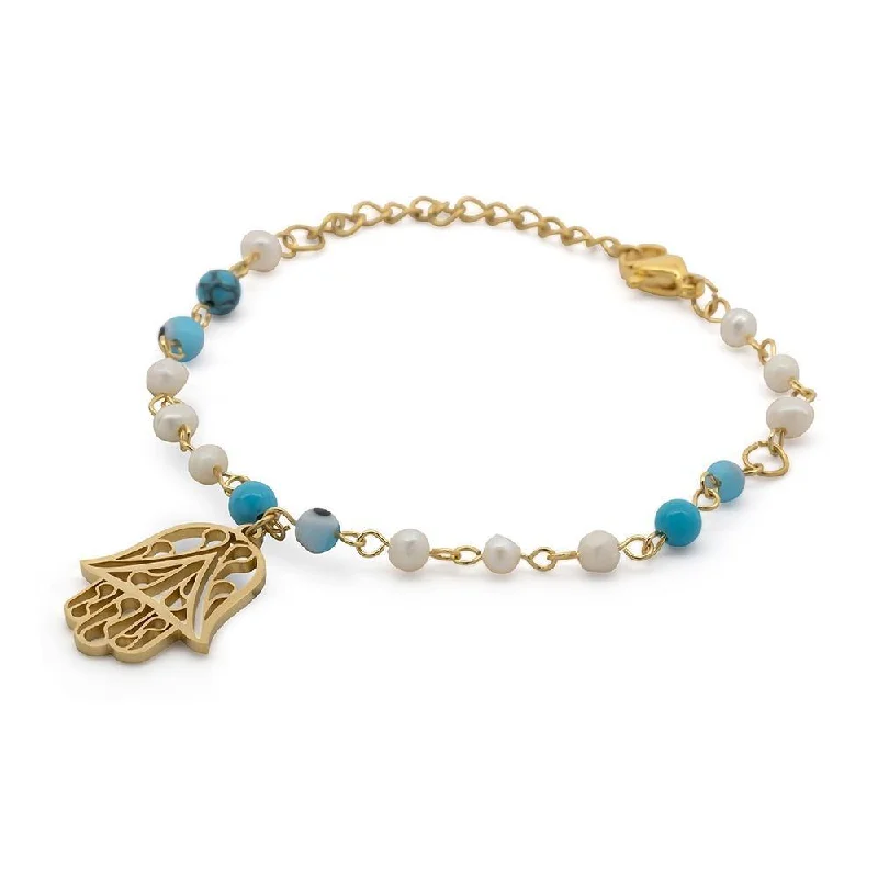 women oval bangles -Stainless Steel Hamsa Hand Bracelet with Pearl Evil Eye Gold Plated