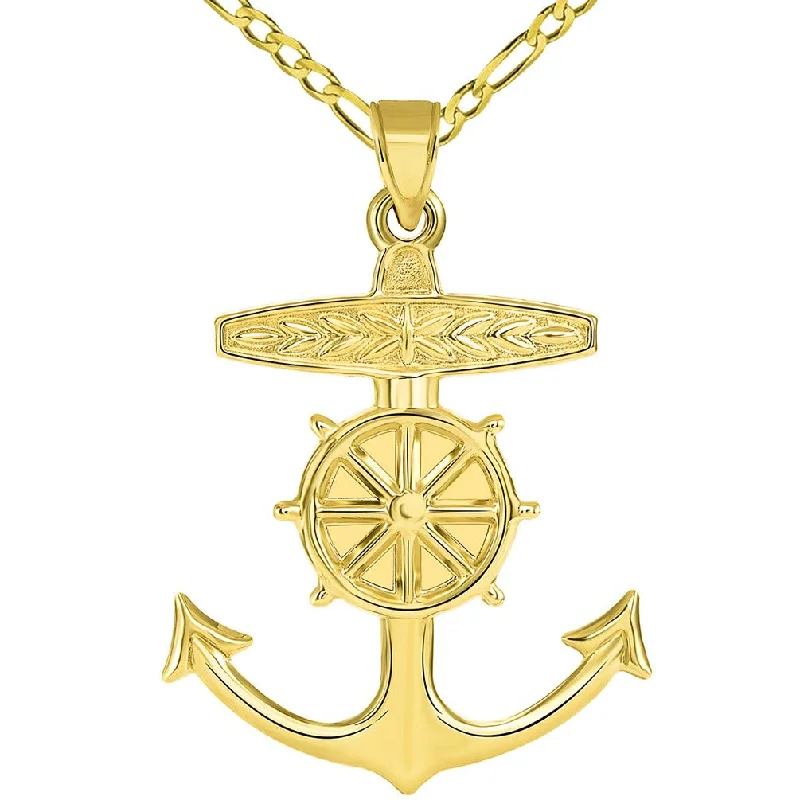 women large pendant necklaces -14k Gold 3D Ship Anchor and Wheel Nautical Pendant Figaro Necklace - Yellow Gold