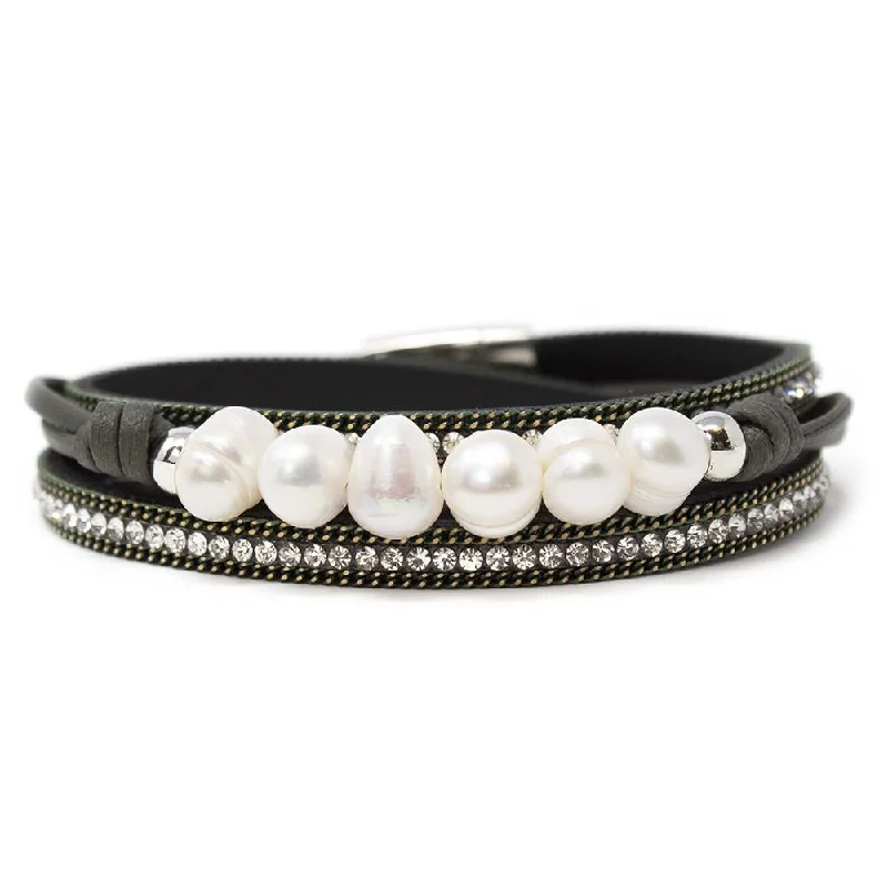 women cuff bangles -Black Leather Wrap Bracelet with Six Pearls Station