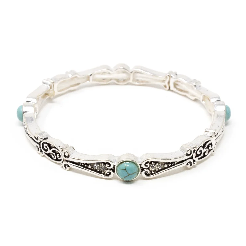 women romantic bangles -Antique Silver Tone Stretch Bracelet With Four Turquoise Stones