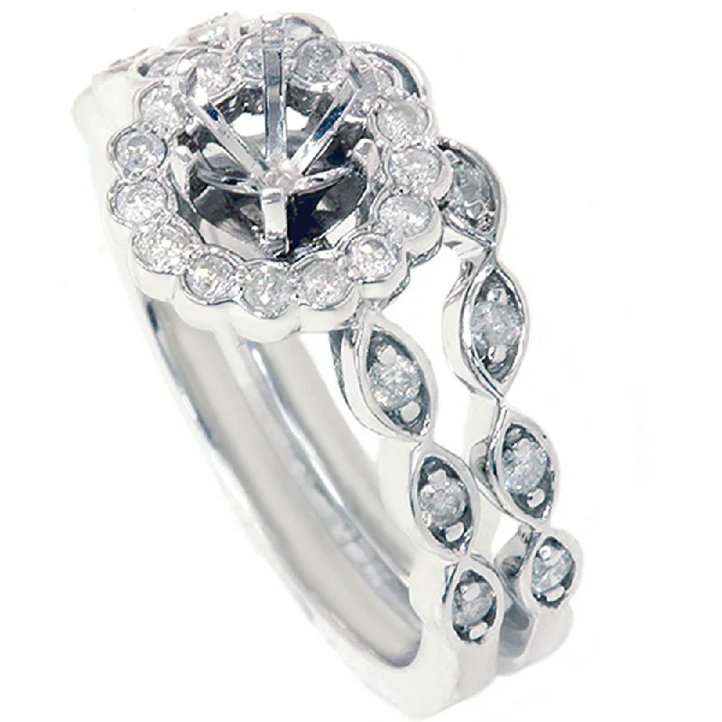 classic engagement rings -1/2ct Vintage Diamond Ring Semi Mount Bridal Set 14K White Gold