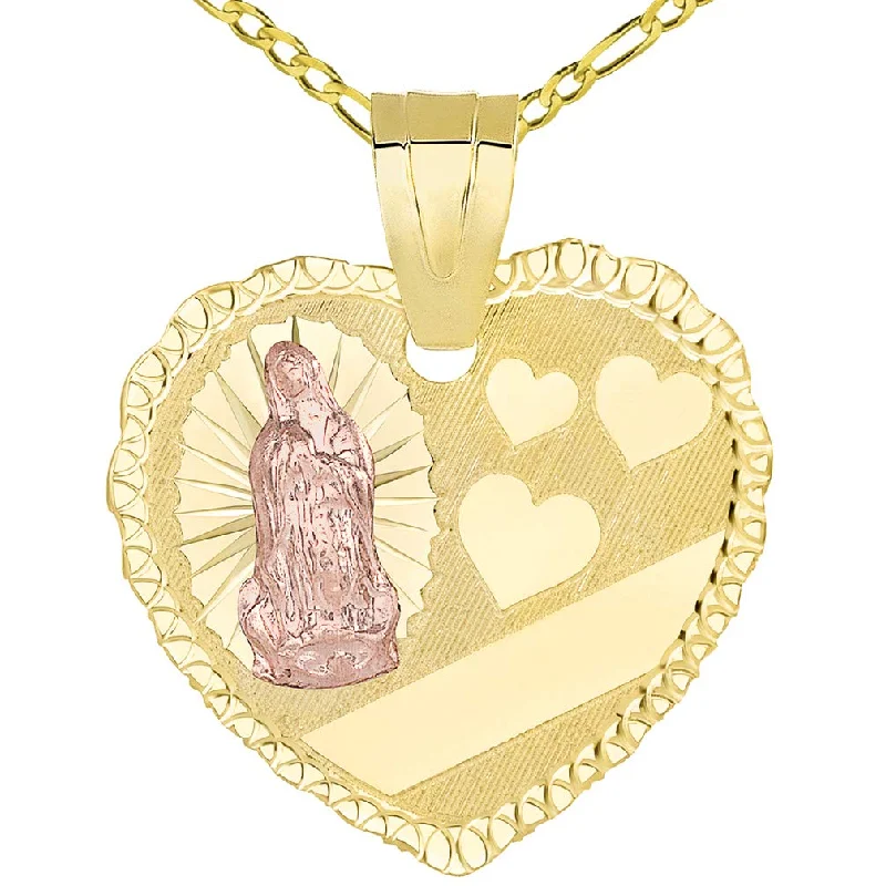 women diamond studded necklaces -14k Yellow Gold and Rose Gold Heart Shaped Engravable Personalized Guadalupe Pendant Figaro Necklace