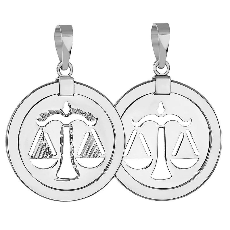 women engraved gold necklaces -14k White Gold Reversible Round Zodiac Sign Medal Pendant