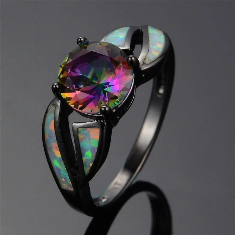 women sapphire rings -Black Gold Filled Mystic Cubic Zirconia Fire Opal Ring