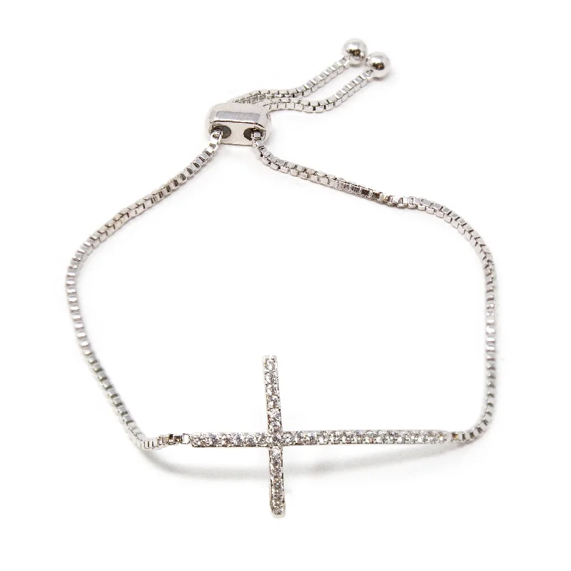 women double bangle bracelets -CZ Sideways Cross Slider Tennis Bracelet Silver Tone