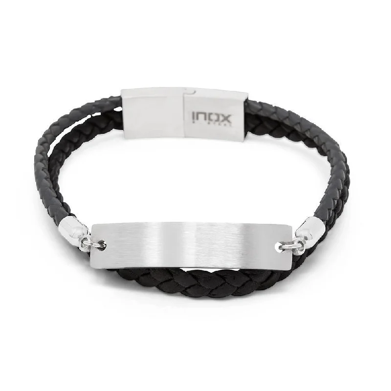 women art deco bracelets -Stainless Steel Black Leather Braided ID Bracelet