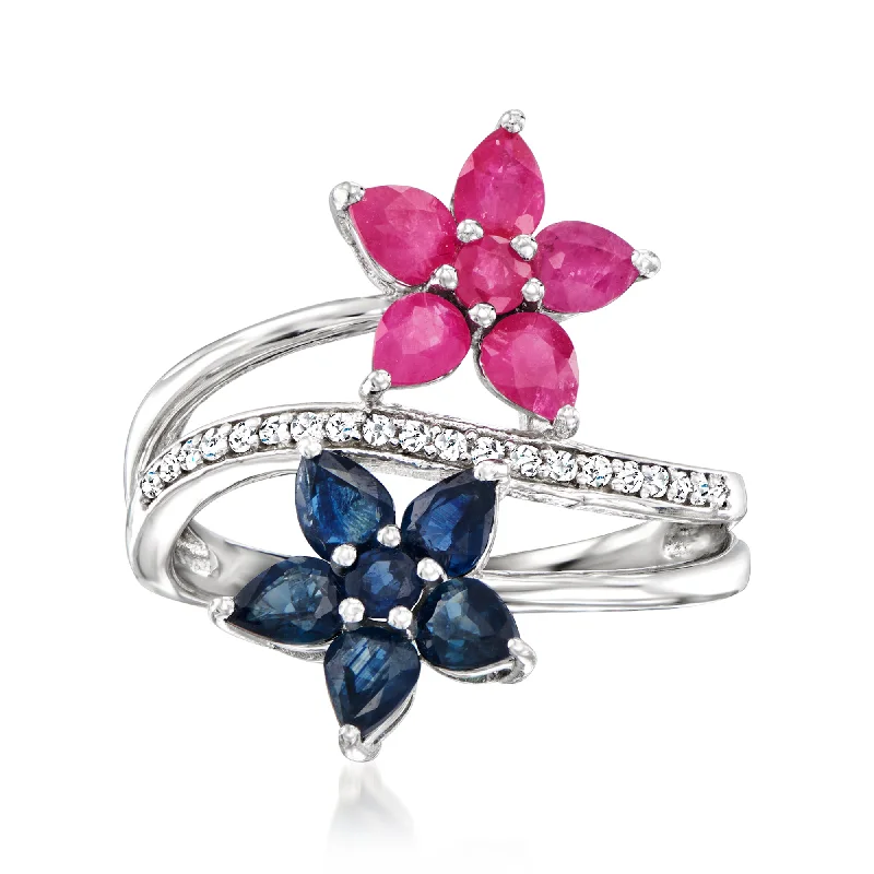 personalized engagement rings -Ross-Simons Ruby and . Sapphire Flower Bypass Ring With . Diamonds in Sterling Silver