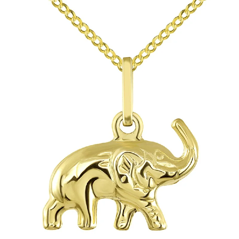 women silver chain necklaces -14K Yellow Gold Good Luck Elephant Charm Feng Shui Symbol Pendant with Cuban Chain Necklace