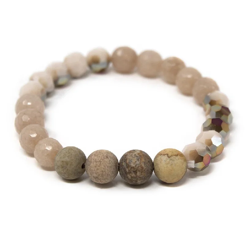 women heart-shaped bracelets -Cream/Brown Jasper Bead Stretch Bracelet