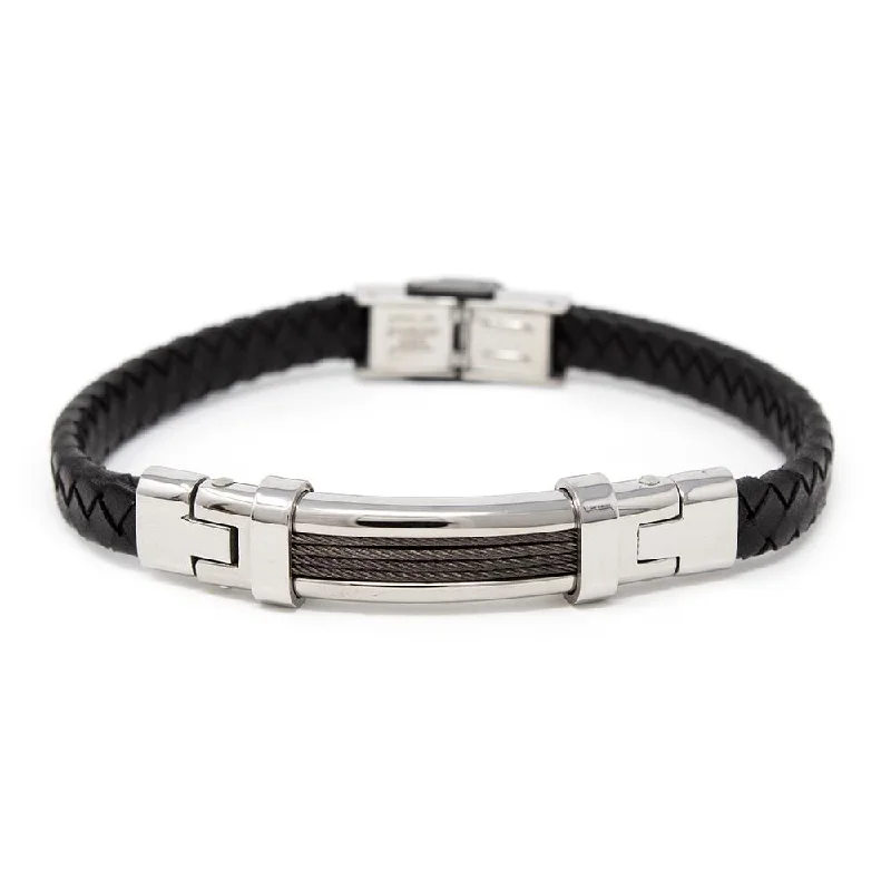 women birthstone bangles -Black Leather Hem Stainless Steel Cable Station Bracelet