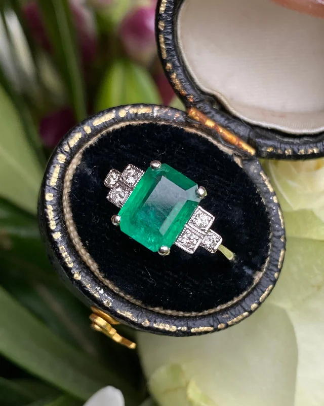 women art deco engagement rings -Art Deco Emerald and Diamond Platinum Ring 0.15ct + 2.25ct