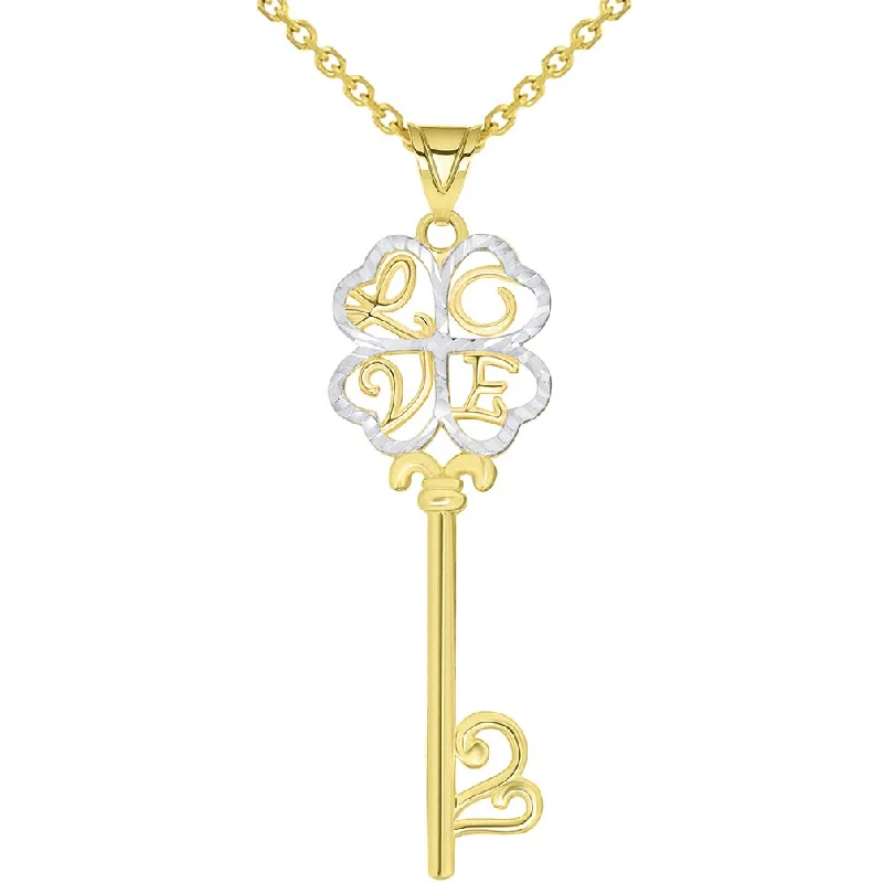 women boho necklaces -14k Yellow Gold Celtic Two Tone Four Leaf Clover Love Key Pendant Necklace Available with Rolo, Curb, or Figaro Chain