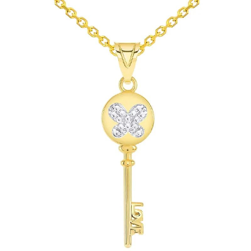 women vintage-style necklaces -14k Yellow Gold Round Bow Handle Two Tone Butterfly Love Key Pendant with Rolo Cable Chain Necklace