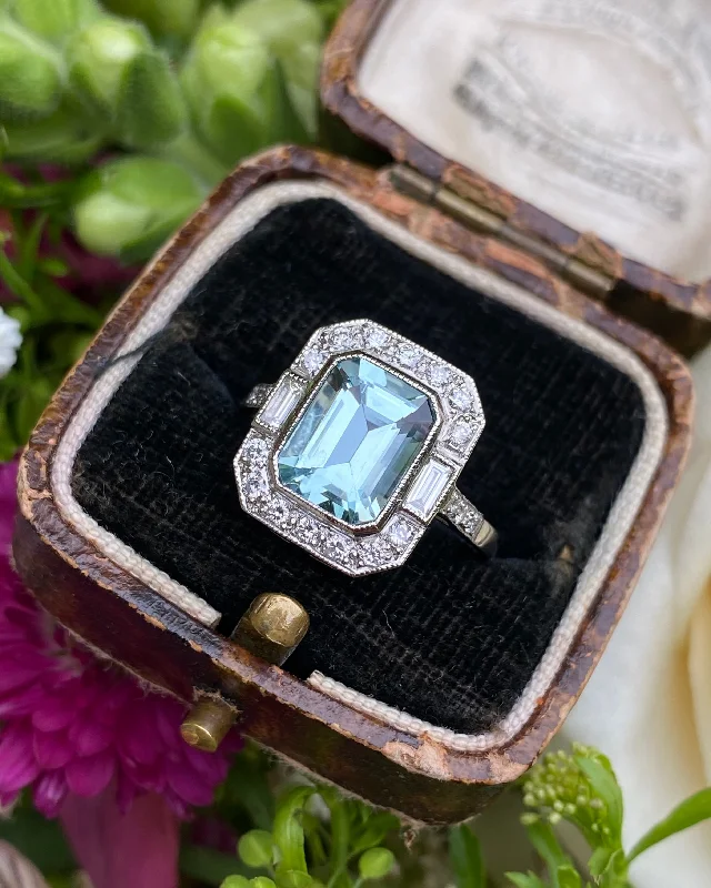 women pearl rings -Art Deco Aquamarine and Diamond Platinum Ring 0.40ct + 2.30ct