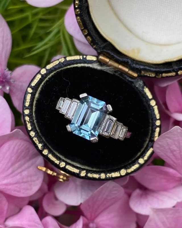 women classic solitaire rings -Art Deco Aquamarine and Diamond Platinum Ring 0.30ct + 1.30ct