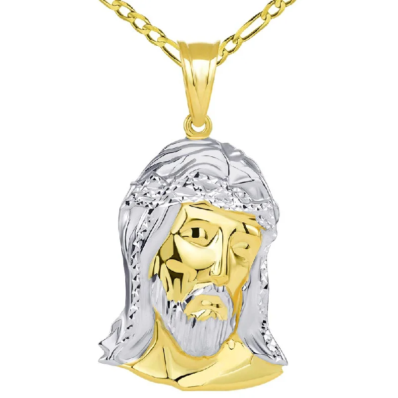 women crystal pendant necklaces -14k Gold Polished Two Tone Hollow Jesus Head Pendant with Figaro Chain Necklace - Yellow Gold