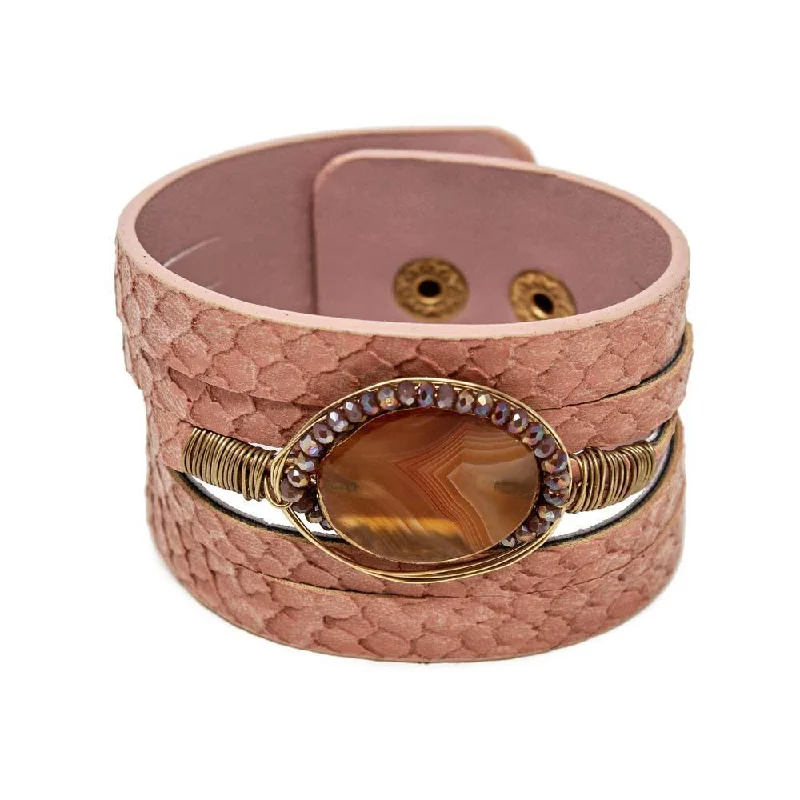 women handmade bracelets -Leather Bracelet With Stone Station Pink Powder