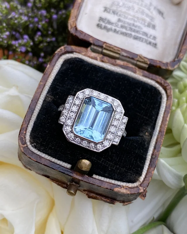 women platinum rings -Art Deco Aquamarine and Diamond Cluster Platinum Ring 0.60ct + 3.0ct