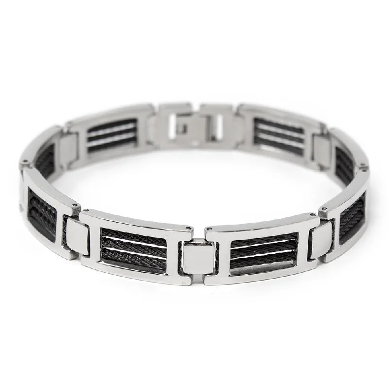 women silver bangles -Men's Stainless Steel Black Cable Inlay Link Bracelet