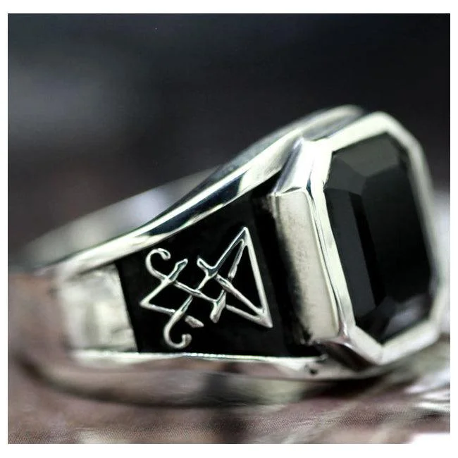 women cocktail rings -Sigil of Lucifer Onyx Ring .925 Sterling Silver