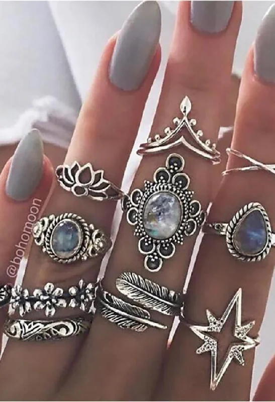 women fashion rings -Vintage Carved Starry Gems 11 Piece Set