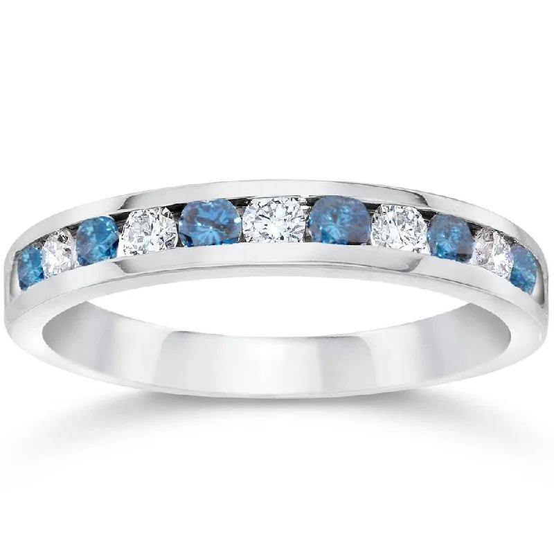 romantic engagement rings -1/2ct Blue & White Diamond Channel Set Wedding Ring 14K White Gold Size Selectable